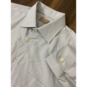 Men Gitman Brothers USA white blue stripe cotton pocket button dress shirt 17-35