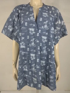 NWT Lands' End blue white tropical print V-Neck camp shirt blouse womens 3X - Picture 1 of 8