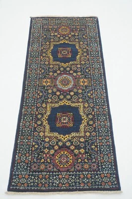 2 x 5 ft Navy Blue Turkish Mamluk Fine quality Hand knotted Medallion Runner Rug - Image 1 of 4