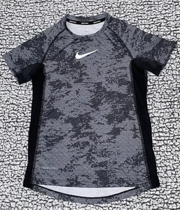 Nike Pro Shirt Youth Boys Small Black Writing Camo Short Sleeve Fitted Dri-Fit - Picture 1 of 9