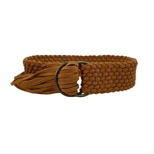 Women Wide Suede Leather Woven Braided Boho Vintage Flexible Size Tassel Belt - Picture 1 of 12