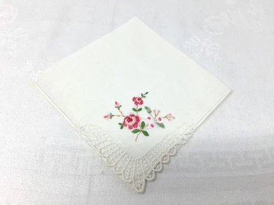 Beautiful Vintage Pink Rose Embroidered Loomed Lace Corner Hankie FREE SHIP - Image 1 of 2
