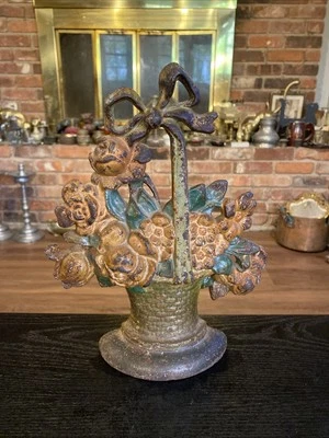 Antique Cast Iron Flower Basket Doorstop With Bow On Handle #31, Original Paint - Image 1 of 4