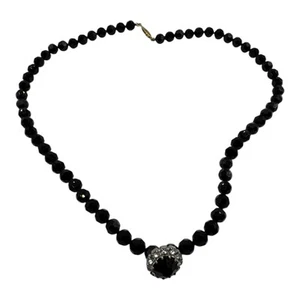 Vintage Black Beaded Necklace with Rhinestone Pendant – Elegant Faceted Beads - Foto 1 di 5