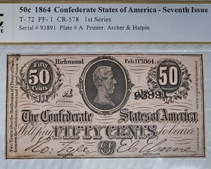 T-72 PF-1 1864 50C Confederate Paper Money ~ PCGS 64 Choice Uncirculated - Picture 1 of 3