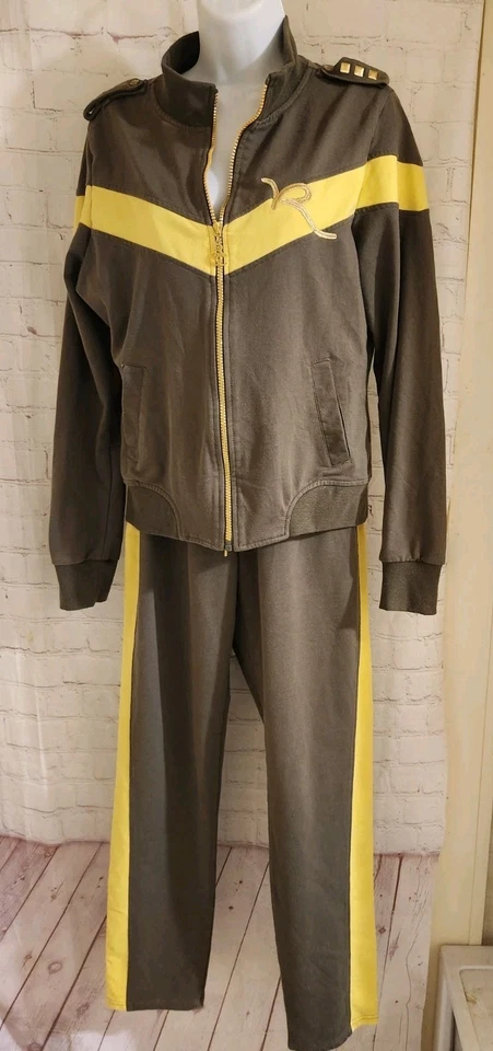 Vintage VG Y2K Rocawear "Roc" Brown/Yellow/Gold Trim Fleece 2 Pc. Tracksuit Sz.L - Image 1 of 4