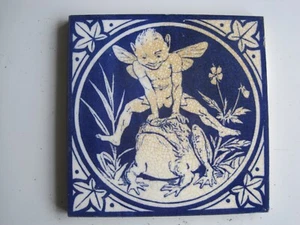 ORIGINAL ANTIQUE MINTONS ELFINS SERIES TILE - ELF LEAPFROGGING A FROG C1875 - Picture 1 of 2