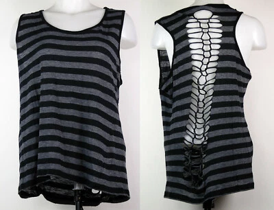 Regata Derek Heart listrada cinza e preta tecido aberto atrás 1X - Imagem 1 de 3
