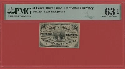 UNITED STATES 3 CENTS 1863 FRACTIONAL FR # 1226 PICK  105 PMG 63 CHOICE UNC EPQ - Image 1 of 2