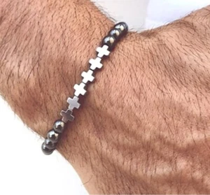 Hematite Stretch Bracelet with 6 Crosses - Picture 1 of 1