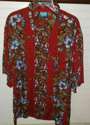 VTG Aqua Blue Label Men's Shirt XL Big Man Tail Red Blue Flower Ukulele Button - Image 1 of 4