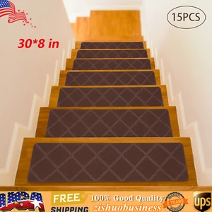 15PCS Indoor Non-Slip Carpet Stair Treads 30" x 8" Mats Coffee for Wooden Steps - Picture 1 of 15