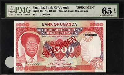 Uganda 1000 chelines 1983 ESPECIMEN PMG 65 EPQ UNC Pick # 23s PMG  Foto 1 de 2