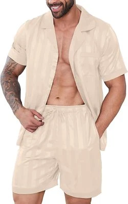 Conjunto de pijama de seda satinado de 2 piezas para hombre con botones manga corta ropa para dormir salón Foto 1 de 4