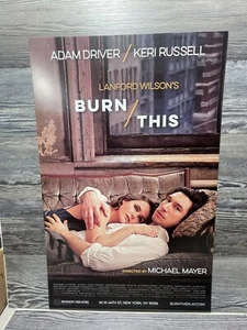 BURN THIS, HUDSON THEATRE KERRY RUSSELL, ADAM DRIVER BROADWAY WINDOW CARD/POSTER - Picture 1 of 9