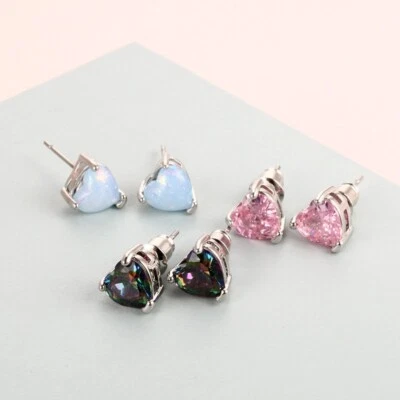 Women Girl Heart 6mm Opal CZ White Gold Plated Stud Post Earrings Gift PE23 - Image 1 of 4