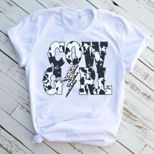 Cowgirl Cow Print Western Custom Graphic Tee White Short Sleeve T-Shirt - Picture 1 of 3