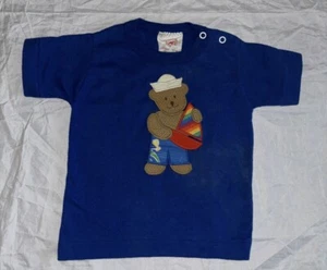 Vintage 12m Baby Girl Boy Unisex Tee Shirt Blue With Teddy Bear Rainbow Boat - Picture 1 of 4