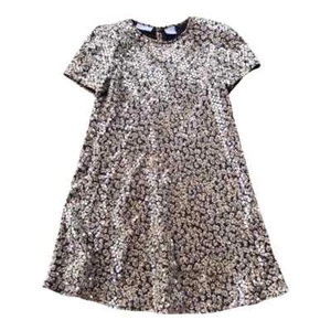 1990s VTG Liz Claiborne Sequined Dark Tan Floral Print Mini Cap Sleeve Dress 2P - Picture 1 of 4