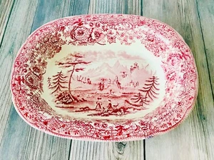 Antike Ridgeways Tiroler rot/rosa Scenic Transferware ovale Schale England  - Bild 1 von 8