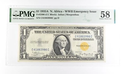 PMG 58 AU 1935 A $1 North Africa WWII Emergency Issue Yellow Seal Fr#2306 *1111 - Image 1 of 3