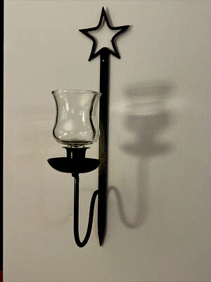 "Aplique estrella negro de hierro forjado 14 3/4"" candelabro con clavija de vidrio taza votiva" Foto 1 de 4
