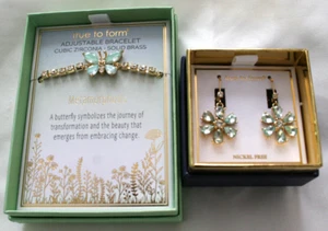 Brass Green cubic zirconia set of Butterfly bracelet & Stud Flower Earrings NIB - Picture 1 of 3