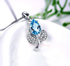 Pretty 1 Carat Pear Shape Blue Topaz & CZ Necklace In Sterling Silver, 18 Inches