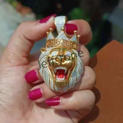 14K Yellow Gold Plated Round Cut Diamond Customized King Lion Pendant 2.5" - Image 1 of 4