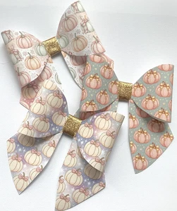 PASTEL PUMPKINS AUTUMN SAILOR BOW PRINTED CANVAS FABRIC BOW TEMP MAKE HAIR BOWS - Picture 1 of 8