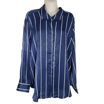 Женская блузка Maurices Winona темно-синяя белая в полоску атласная на пуговицах размер 2X расслабляющая - Изображение 1 из 4