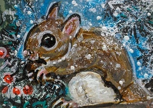ORIGINAL ACEO Painting Flying Squirrel WINTER Snow Pine Tree Landscape ATC ART - Picture 1 of 1