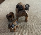 Vintage English Bulldog Dog Figurines Carved Wood Mom 2 Puppies Chain Dogs Small