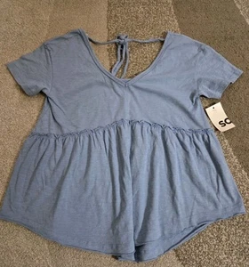 So Light Blue Vneck Tie Back Neck Short Sleeve Blouse XS - Picture 1 of 3