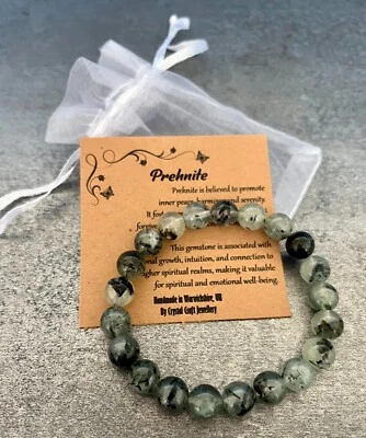 Браслет PREHNITE эластичный ручной работы с подарочной сумкой и картой хрустальный драгоценный камень 8 мм - Изображение 1 из 2