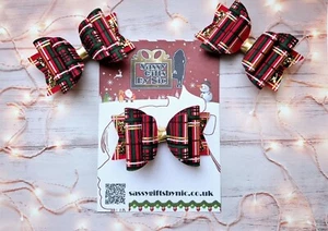 Red Tartan Check Bow Hair Clip with gold glitter - Picture 1 of 1