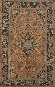 Floral Wool Orange/ Navy Blue Traditional Vintage Hand-knotted Rug 4x7 Carpet - Picture 1 of 19