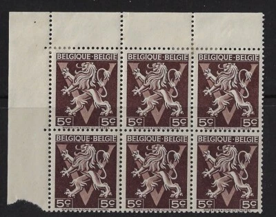 Belgium 1944 5c Lion margin block of 6 MNH/MH. VF,   (a3564 - Image 1 of 3