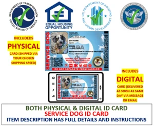 SERVICE DOG ID CARD ADA 1 SIDED CUSTOMIZABLE PHYSICAL & DIGITAL CARD - Picture 1 of 2
