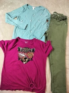 Girls Clothes Size L (10-12) Long & Short Sleeve Shirts, Olive Pants - 3 Piece - Picture 1 of 16