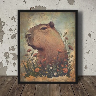Arte de pared retro FLOR DE CAPIBARA, póster botánico floral vida silvestre roedor naturaleza Foto 1 de 4
