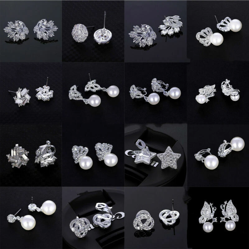 Women Clip Ear Anti Clip On  Allergy Stud Gift Silver Gem Women Girls Jewelry - Image 1 of 1