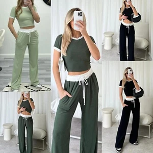Pantaloni top donna donna berretto a costine manica a costine crop top due pezzi set coordinate - Foto 1 di 30