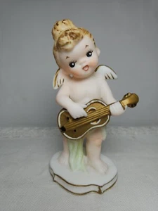 Vtg LEFTON #6284 Porcelain Bisque Angel Cherub Playing Mandolin Guitar 5" H - Picture 1 of 9