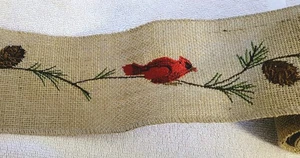 Burlap Embroidered Wired Ribbon Cardinal Pine Cones 8+ Yards - Picture 1 of 7
