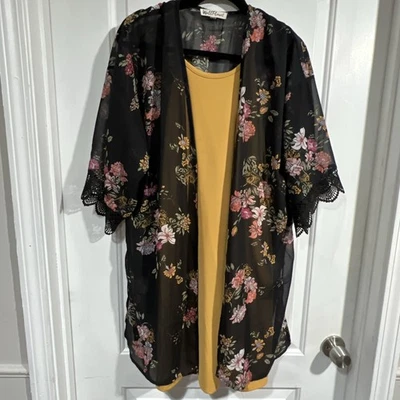 Junior’s Wallflower Yellow Spaghetti Strap Tank Dress L With Sheer Floral Shawl - Image 1 of 4