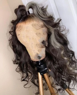 Peluca marrón oscuro onda de agua con resaltado gris 100 % cabello humano encaje pelucas delanteras Foto 1 de 4