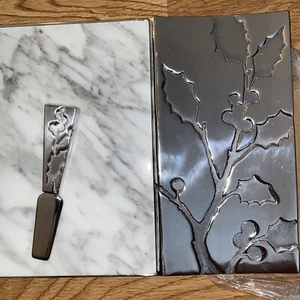 Arthur Court Holly Marble Cheese Board Aluminum Bread Tray Set w/ Knife And Box - Picture 1 of 6