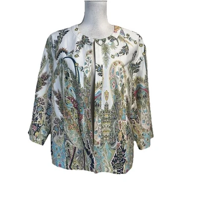 Chico's Jacket Womens sz 1 (8/10) White Blue Pink Paisley Stretch Summer Wedding - Image 1 of 4