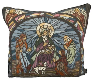 Tapestry Pillow Christmas Nativity Throw Stained Glass Vintage Cottage 14” x 16” - Picture 1 of 12